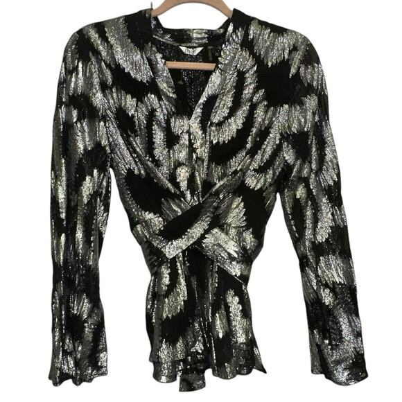 NWT Kaktus Black & Silver V Neck Tie Blouse - Picture 1 of 6